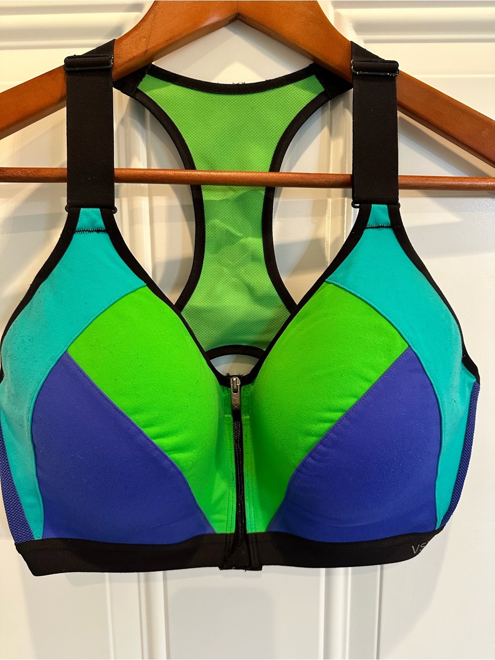 VSX Front-Zip Colorblock Sports Bra in Green, Blue & Purple